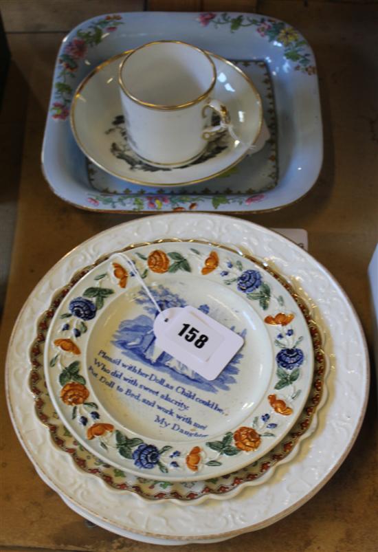 Coffee can & saucer, decorated en grisaille, pearlware nursery plate, 3 Spode/Copeland chinoiserie items & moulded gilt fruit(-) plate